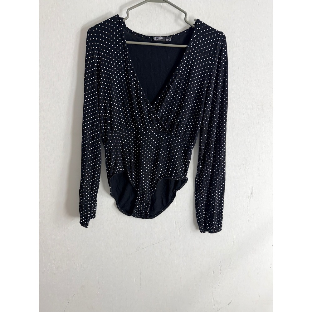 Nasty Gal Polka Dot Long Sleeve Wrap Bodysuit Black White V-Neck Size 6